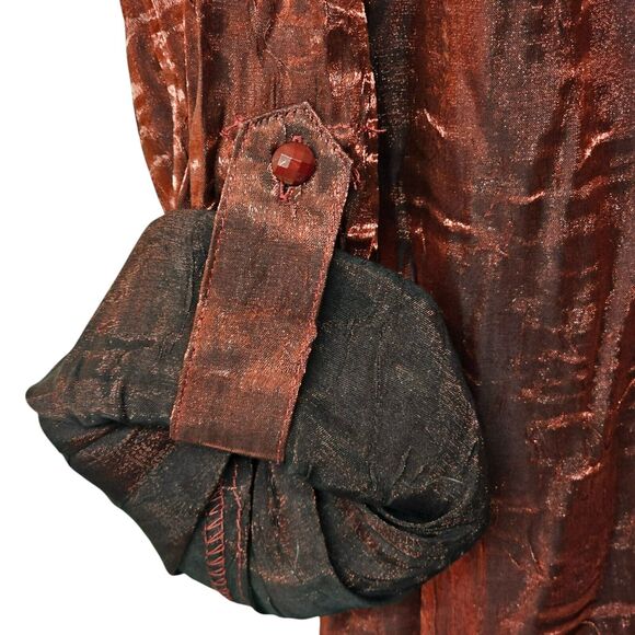 Elementz Woman Blouse Red L Shiny Metallic Rhinestone Button Roll Tab Sleeve - Picture 2 of 9